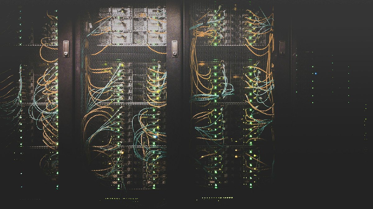 Modern data center with blue lighting